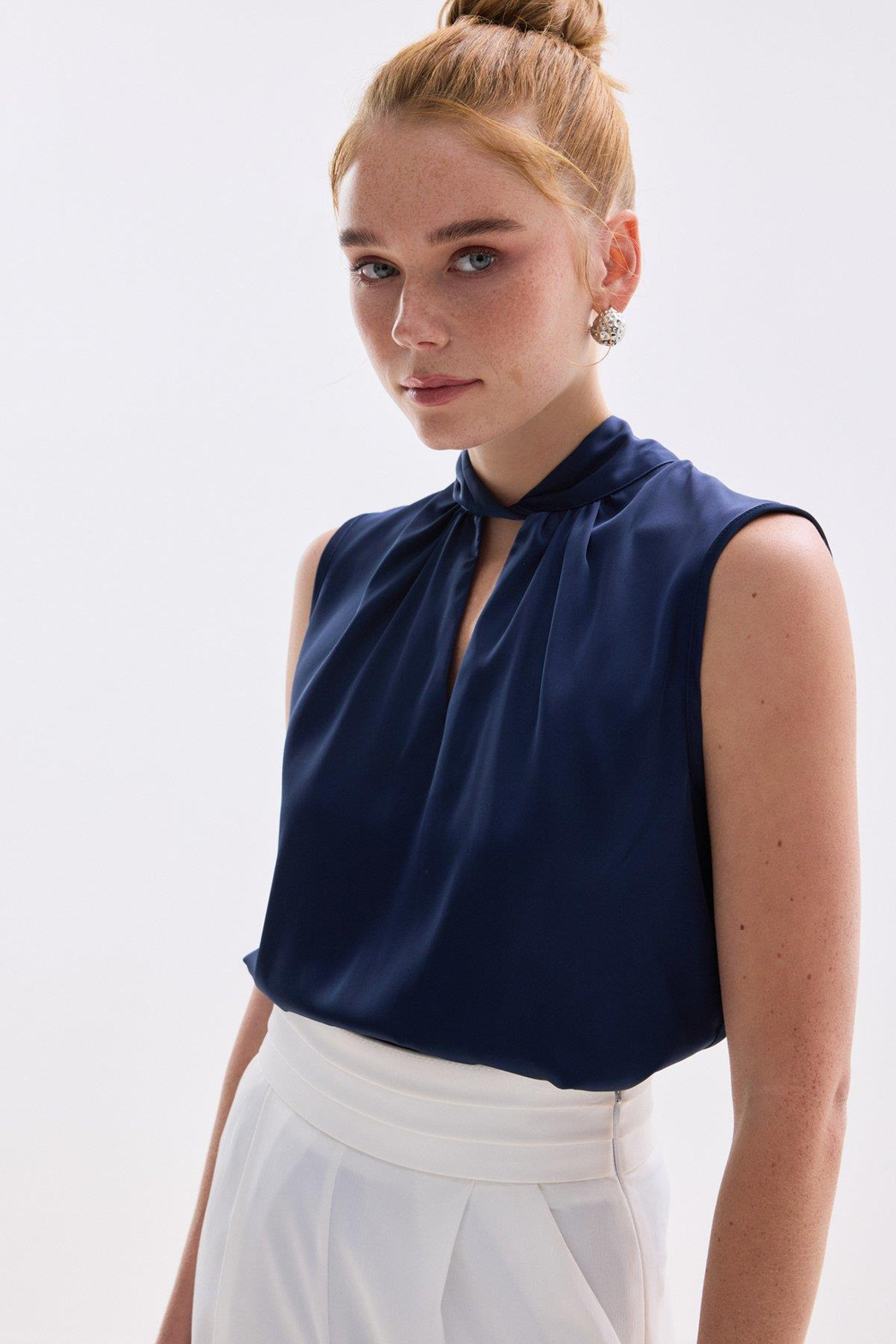 Wholesale Womens Navy Sleeveless Mock-Neck Satin Blouse