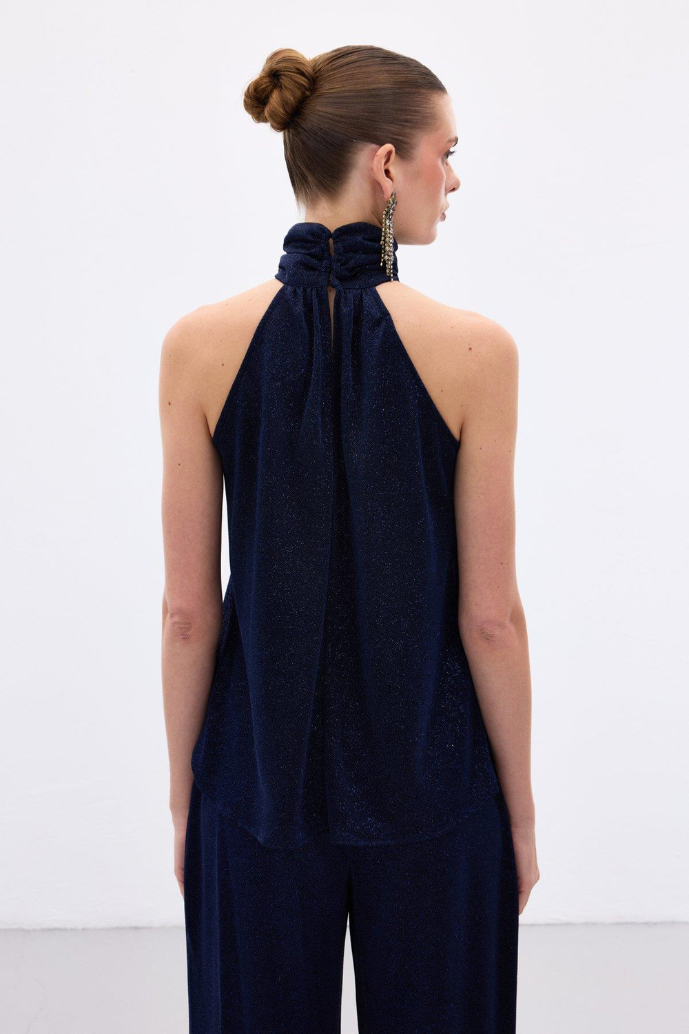 Wholesale Womens Navy Sleeveless Mock-Neck Lurex Blouse
