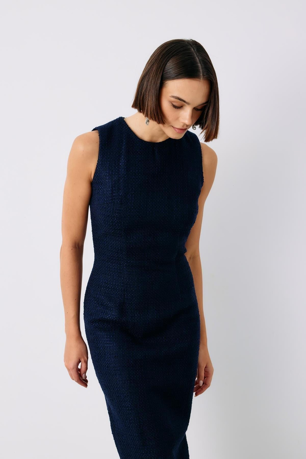 Wholesale Womens Navy Sleeveless Tweed Midi Dress