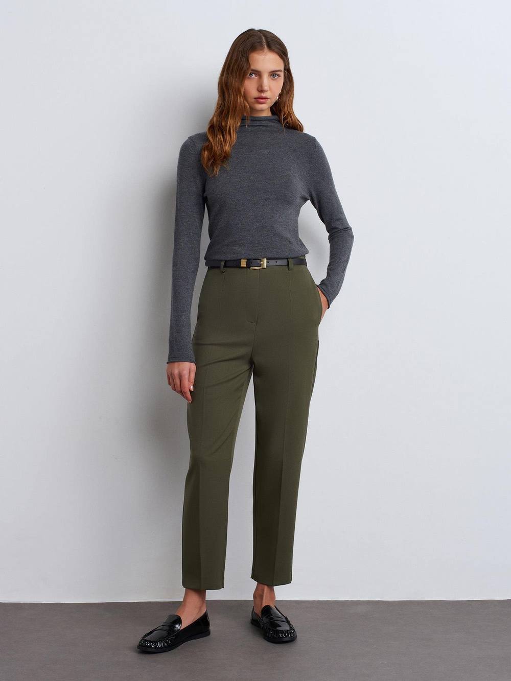 Wholesale Womens Olive Green High Waist Trousers with Belt