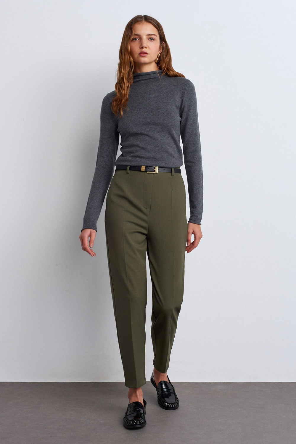 Wholesale Womens Olive Green High Waist Trousers with Belt