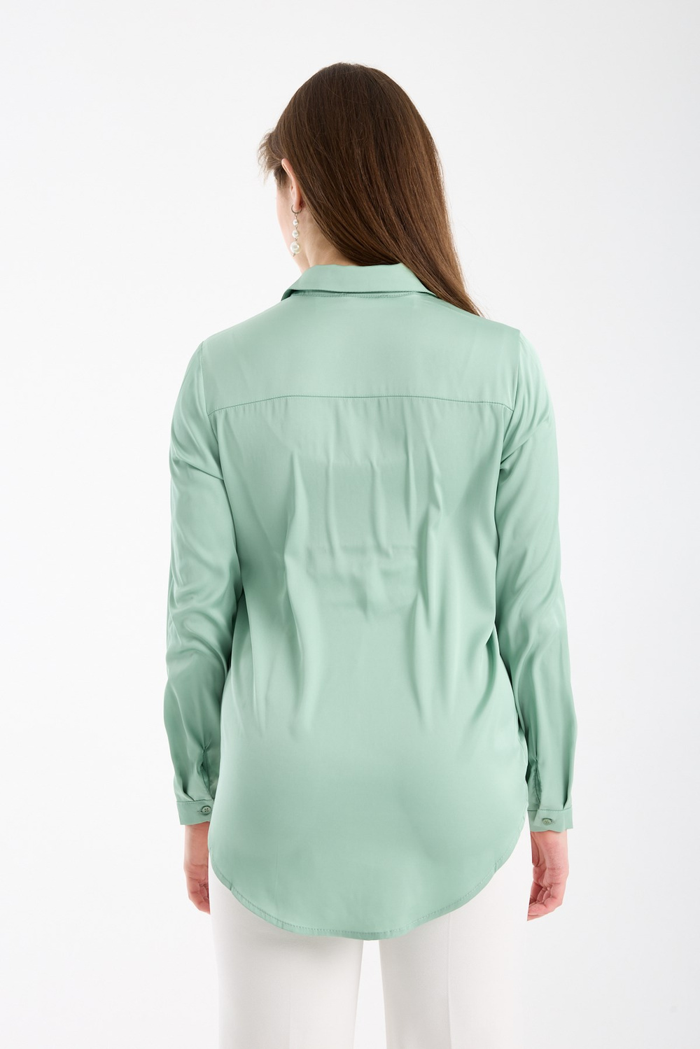 Wholesale Womens Pastel Mint Satin Long-Sleeve Shirt