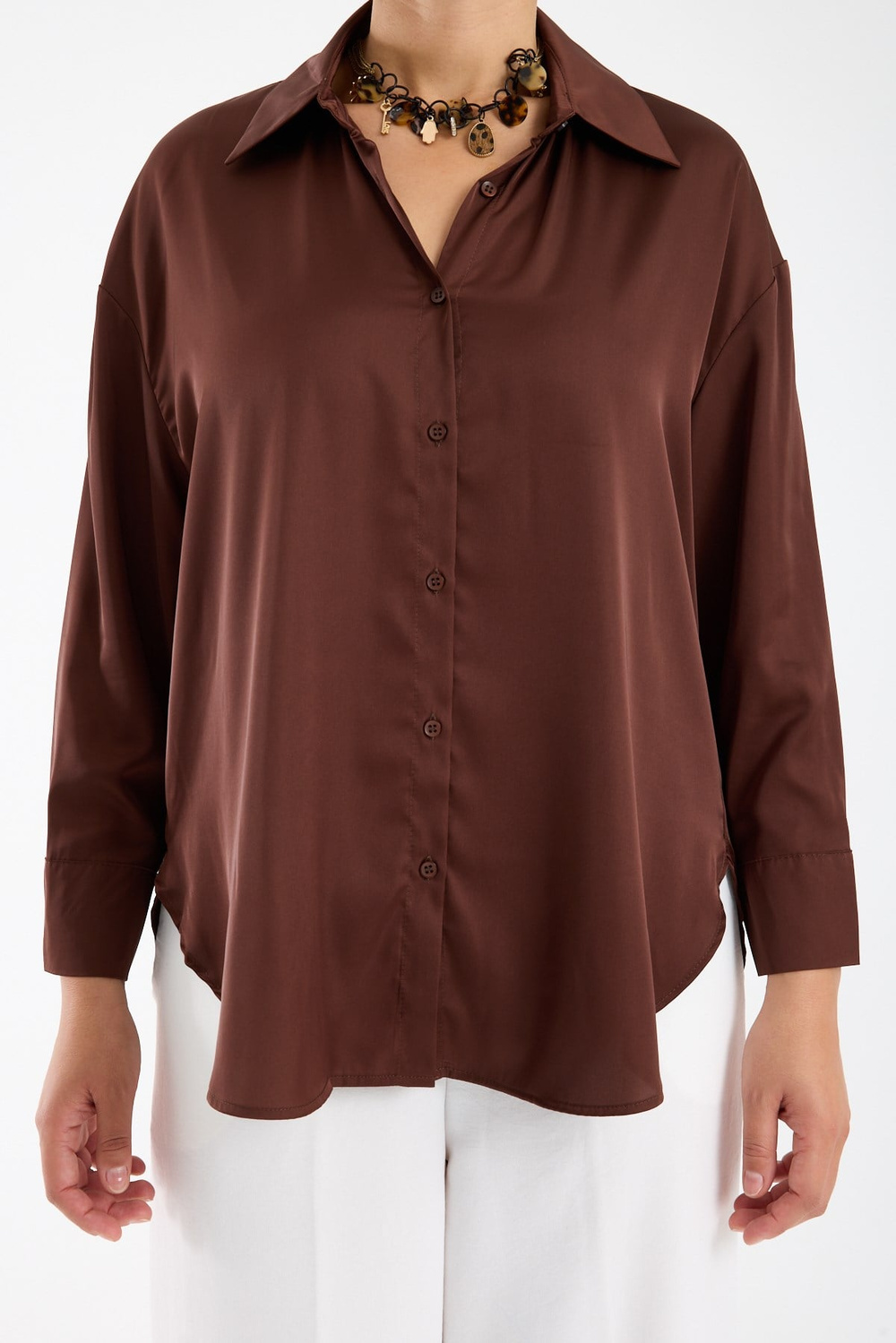 Wholesale Womens Plus Size Brown Satin Long-Sleeve Shirt