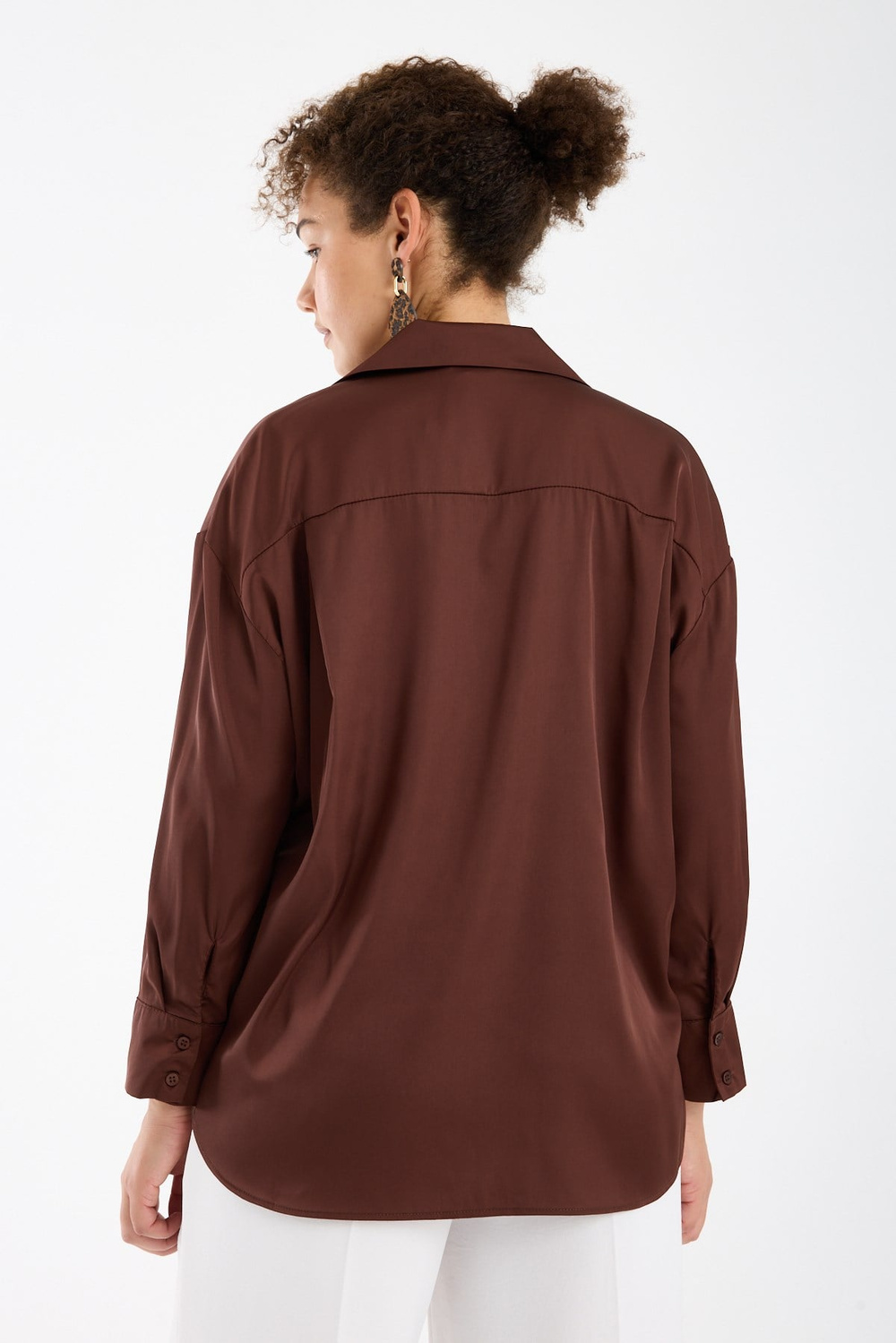 Wholesale Womens Plus Size Brown Satin Long-Sleeve Shirt