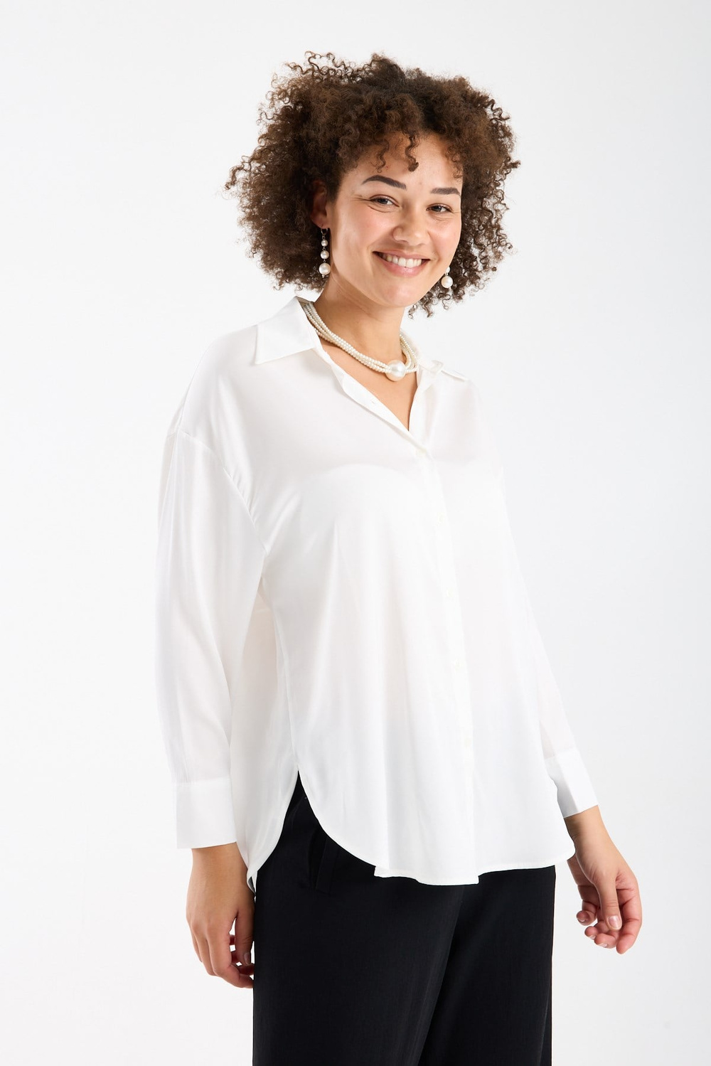 Wholesale Womens Plus Size White Satin Long-Sleeve Shirt