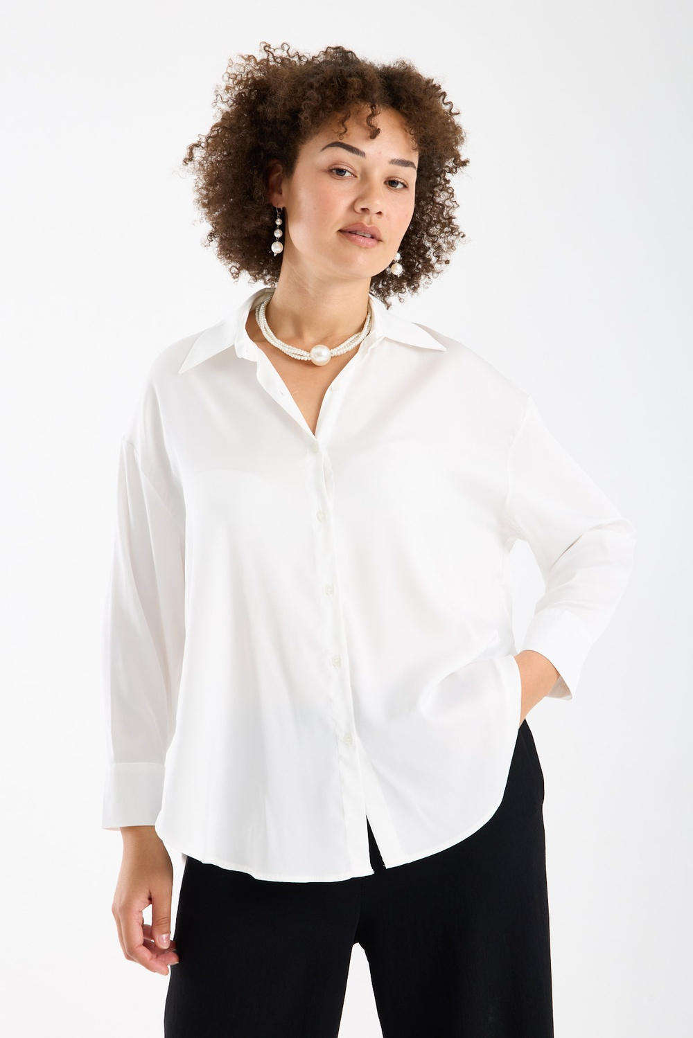 Wholesale Womens Plus Size White Satin Long-Sleeve Shirt