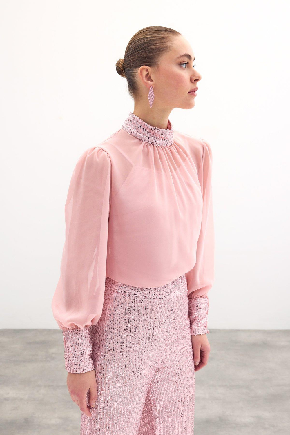 Wholesale Womens Powder Chiffon Blouse with Sequin-Embellished Collar and Cuffs