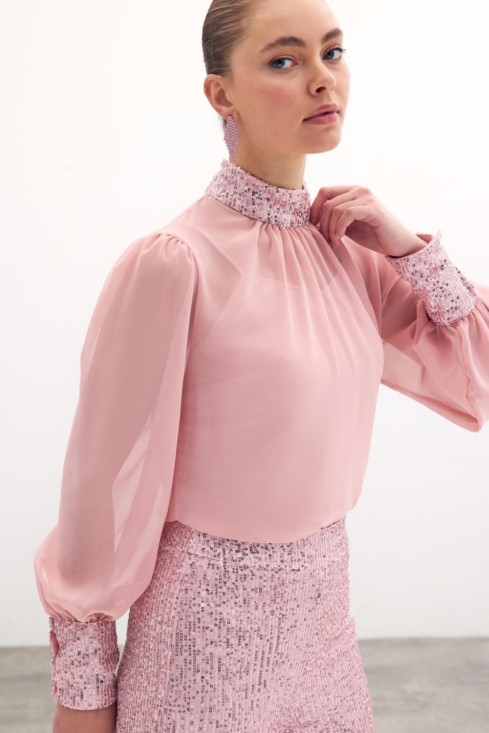 Wholesale Womens Powder Chiffon Blouse with Sequin-Embellished Collar and Cuffs