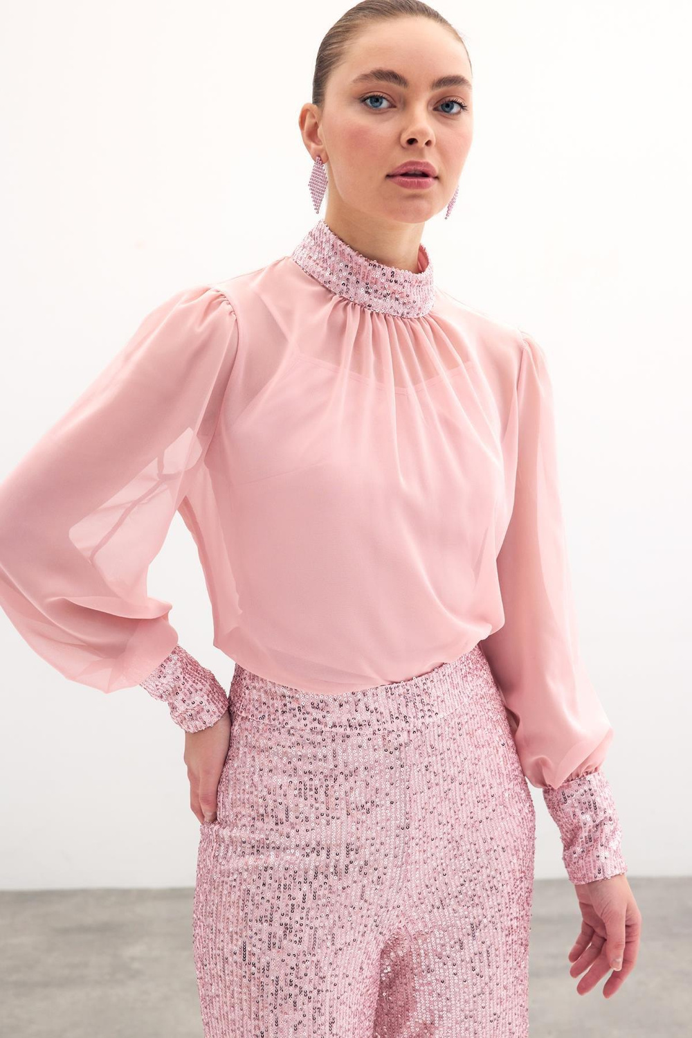 Wholesale Womens Powder Chiffon Blouse with Sequin-Embellished Collar and Cuffs