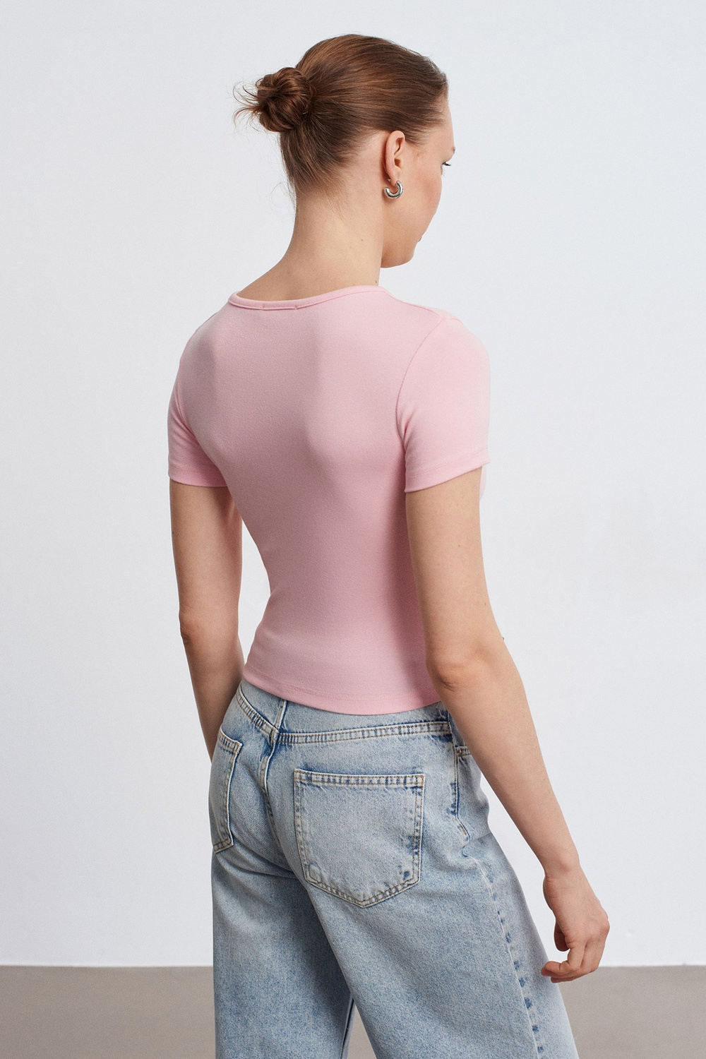 Wholesale Womens Powder Pink Modal-Cotton Snap-Button Cropped Tee