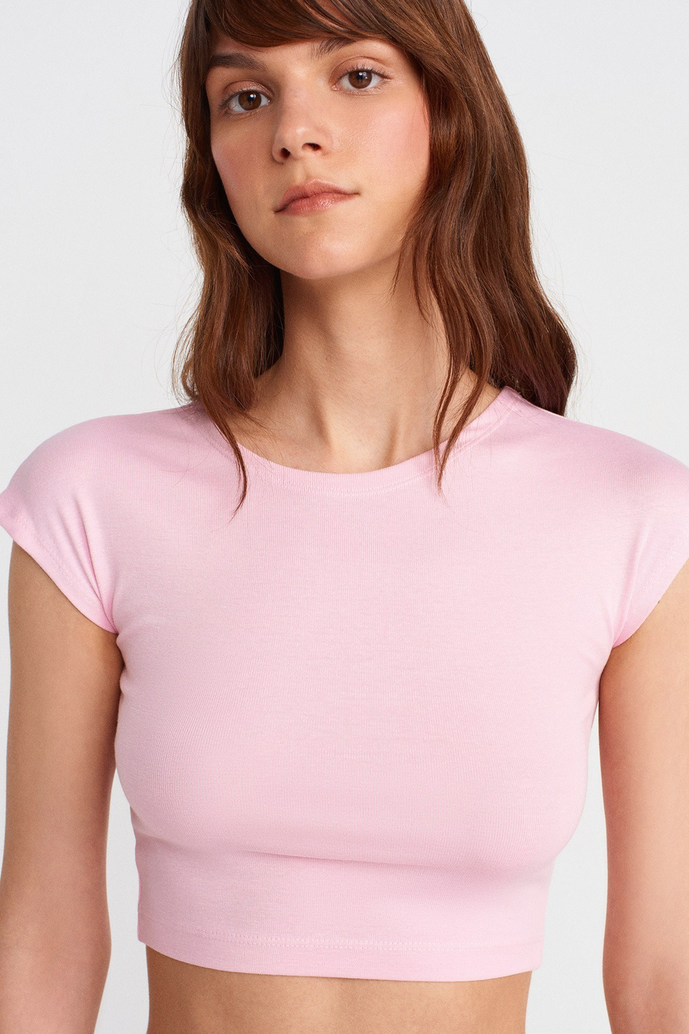 Wholesale Womens Powder Pink Modal-Cotton Cropped T-Shirt