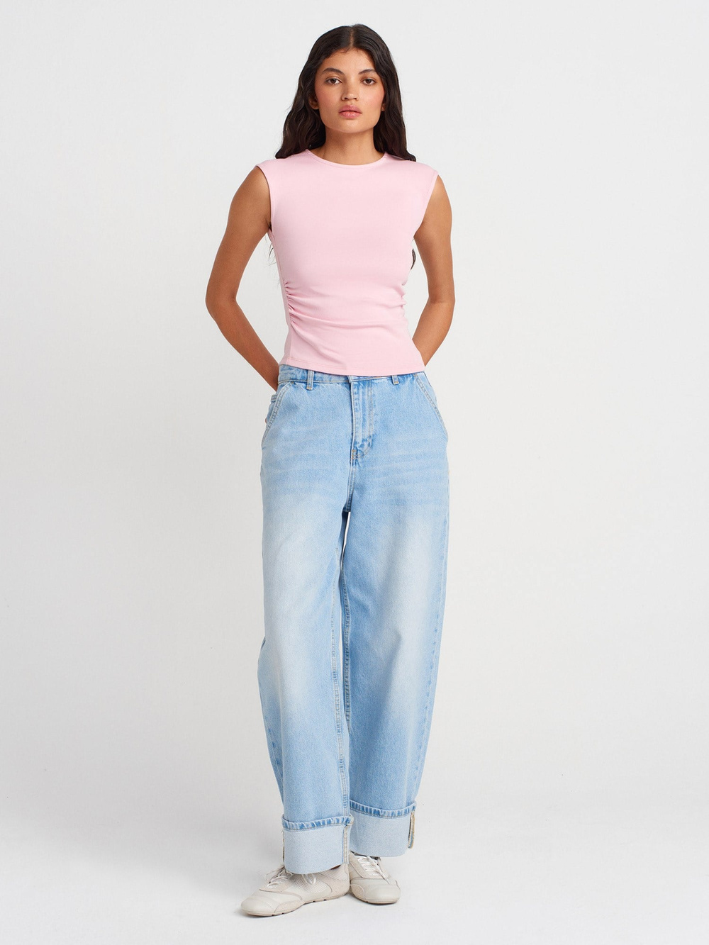 Wholesale Womens Powder Pink Side Gathered T-Shirt
