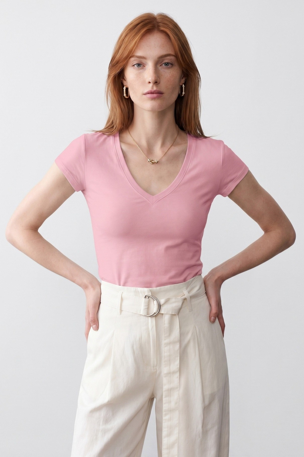 Wholesale Womens Powder Pink Supima Cotton V-Neck Tee