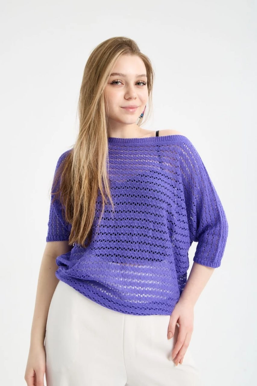 Wholesale Womens Purple Boat Neck Mercerized Openwork Fine Knit Blouse