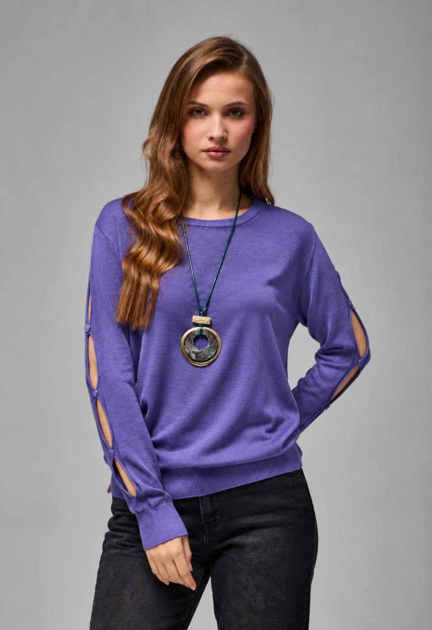 Wholesale Womens Purple Buttoned Cut-Out Sleeve Knit Sweater