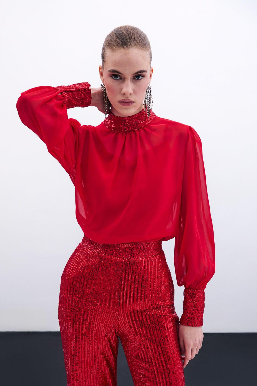 Wholesale Womens Red Chiffon Blouse with Sequin-Embellished Collar and Cuffs