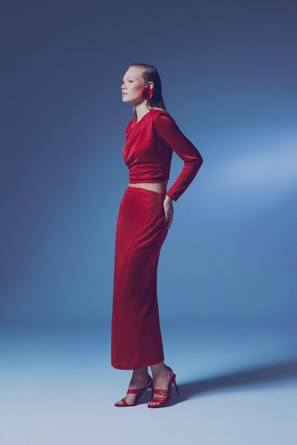 Wholesale Womens Red Lurex Maxi Skirt