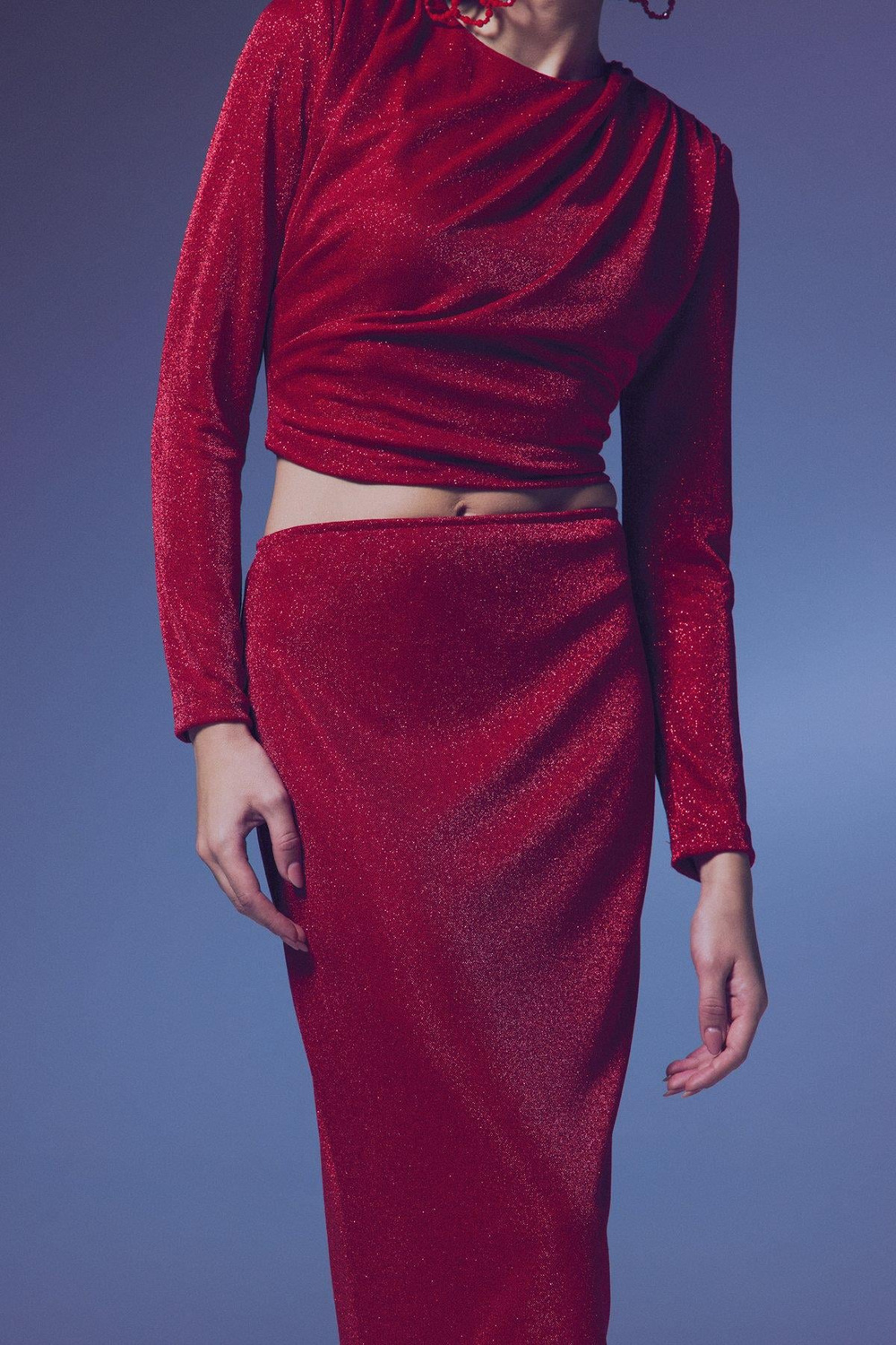 Wholesale Womens Red Lurex Midi Pencil Skirt
