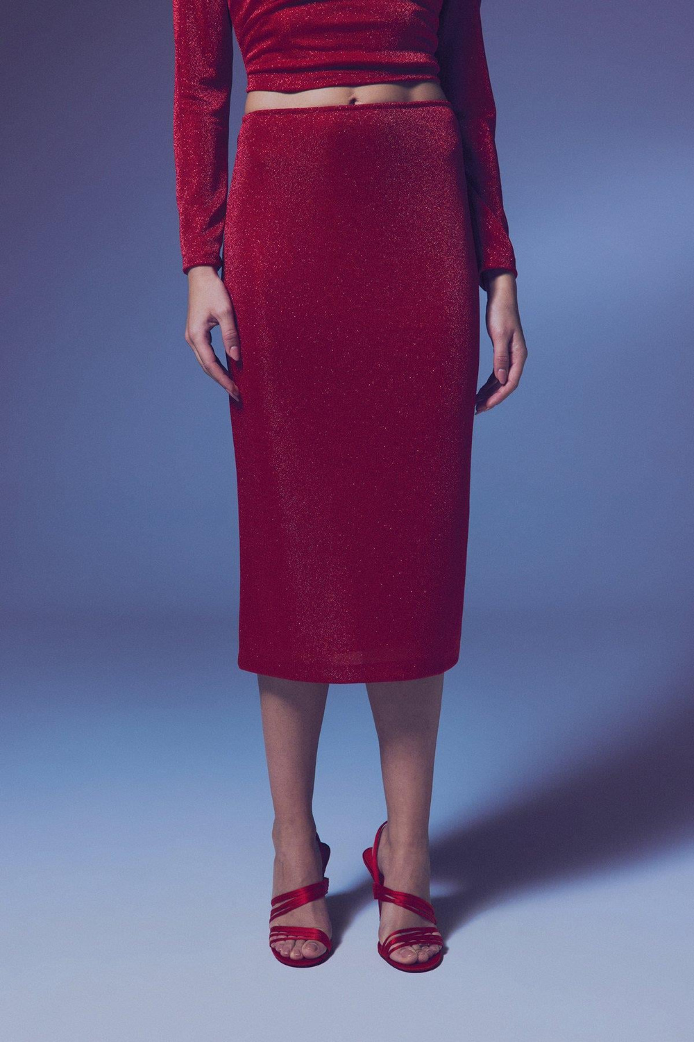 Wholesale Womens Red Lurex Midi Pencil Skirt