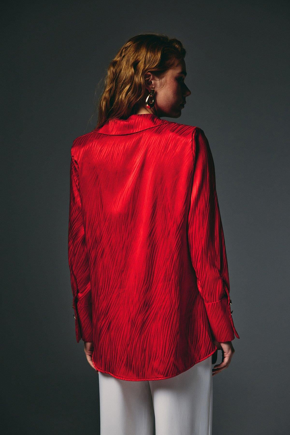 Wholesale Womens Red Satin Jacquard Shirt with Wide Buttoned Cuffs