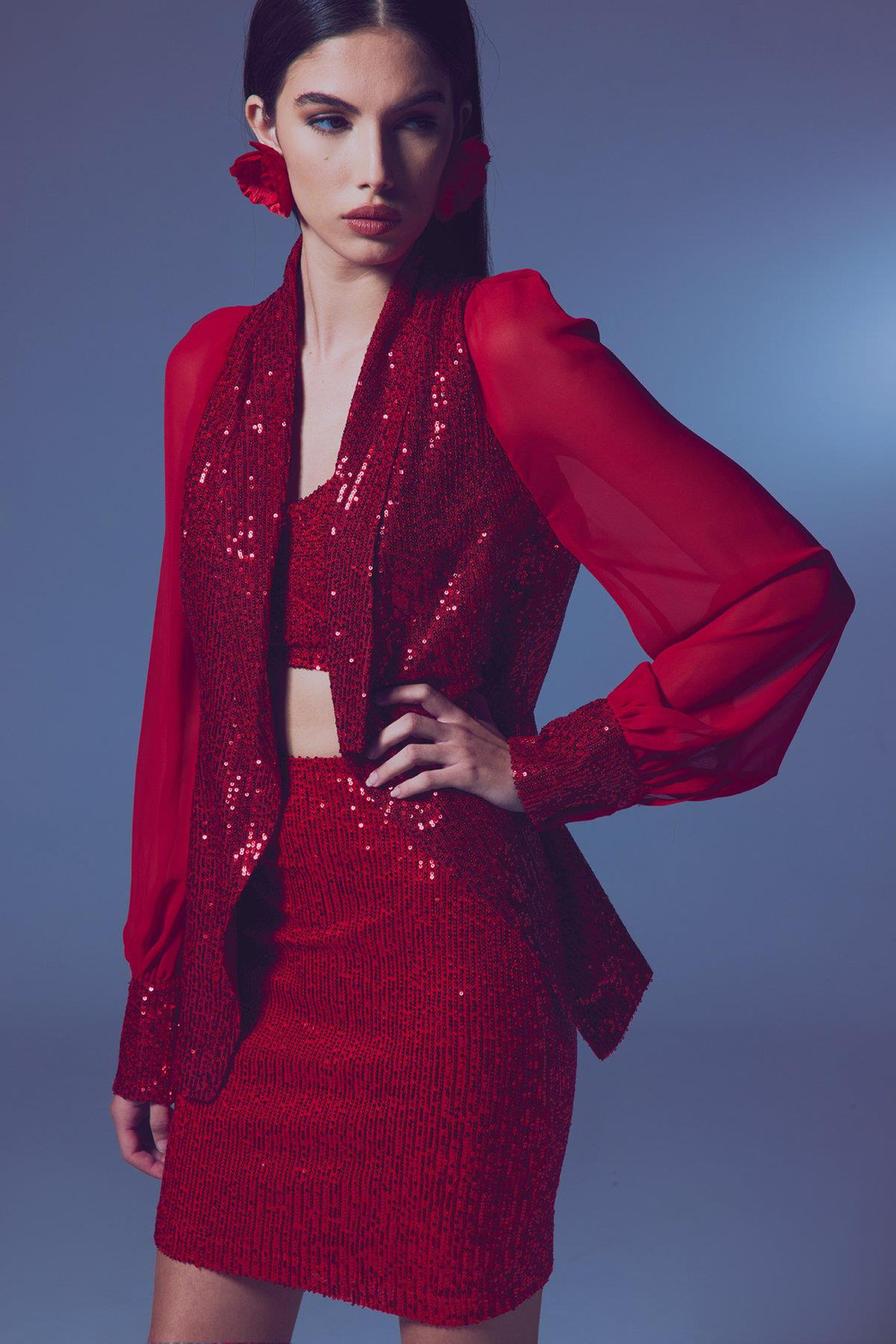 Wholesale Womens Red Sequined Jacket with Chiffon Bishop Sleeves