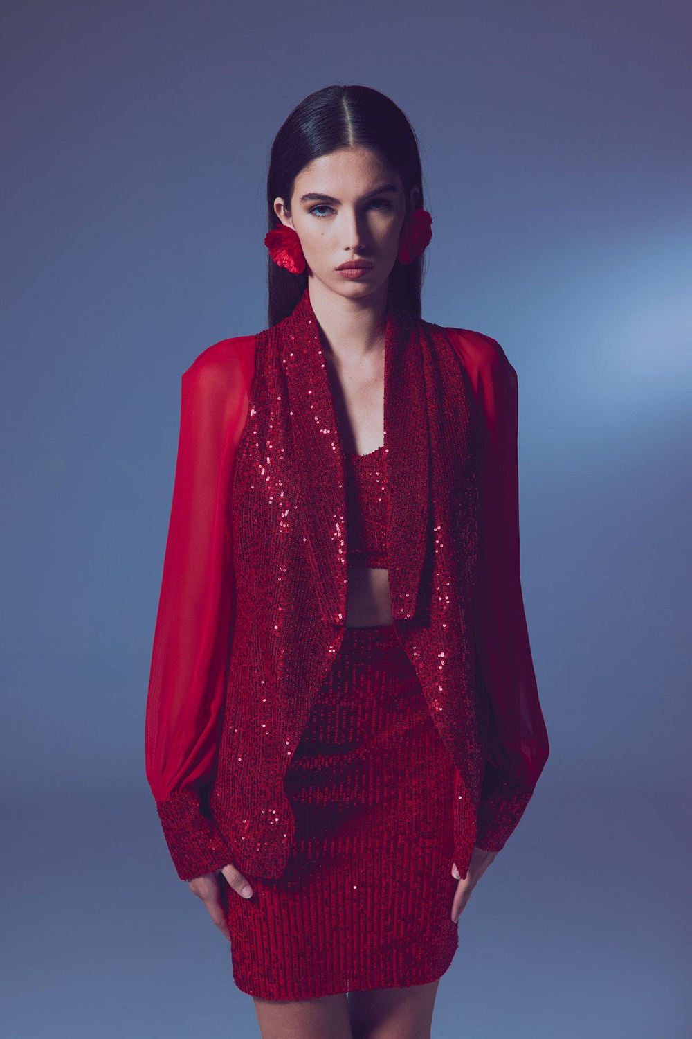 Wholesale Womens Red Sequined Jacket with Chiffon Bishop Sleeves