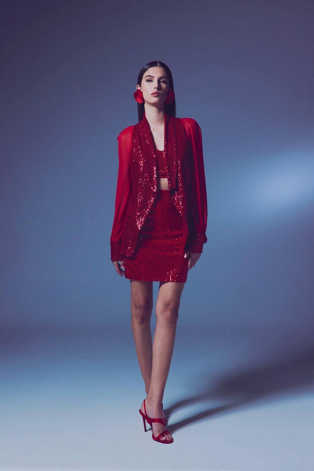 Wholesale Womens Red Sequined Jacket with Chiffon Bishop Sleeves