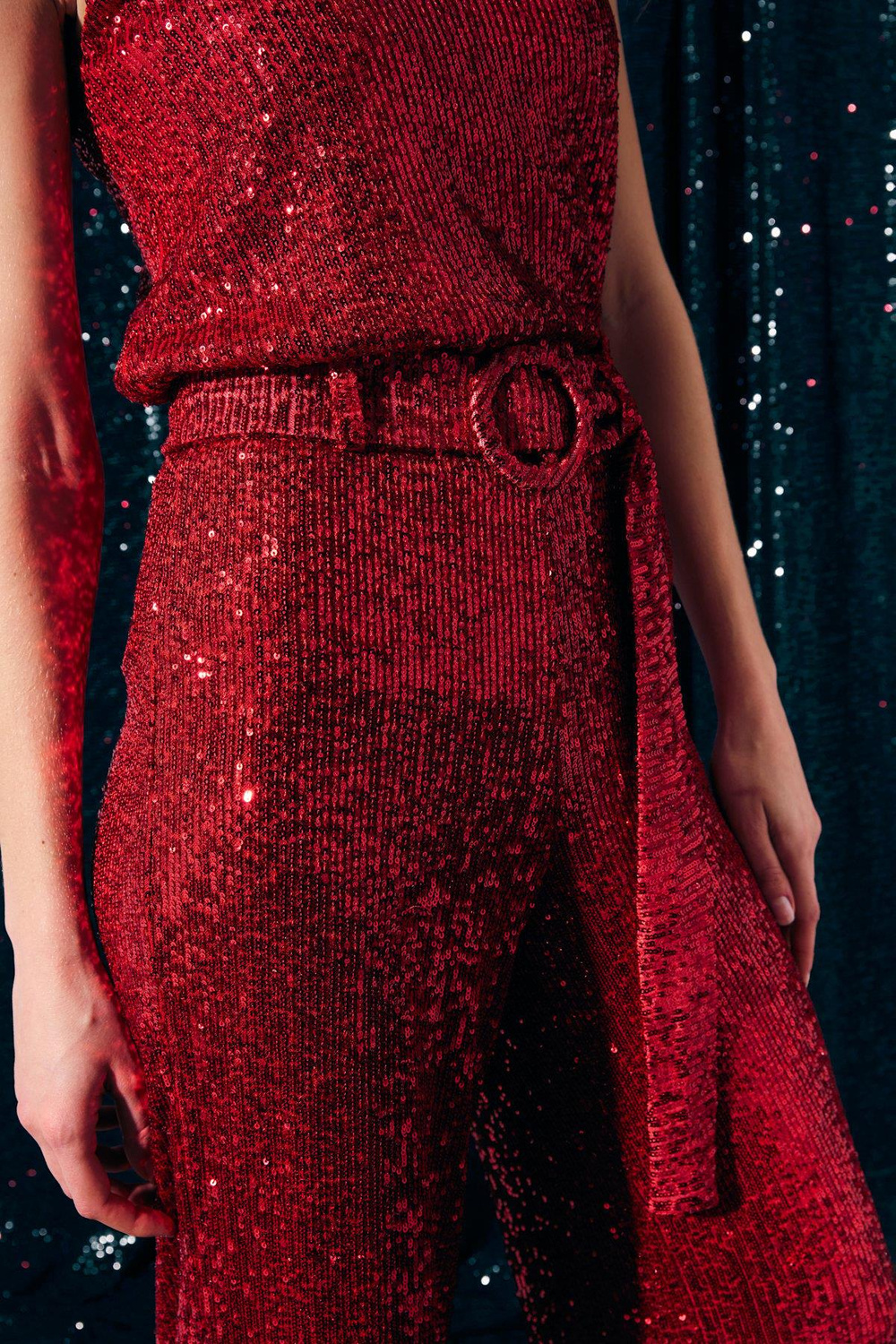 Wholesale Womens Red Sequined Trousers with Belt