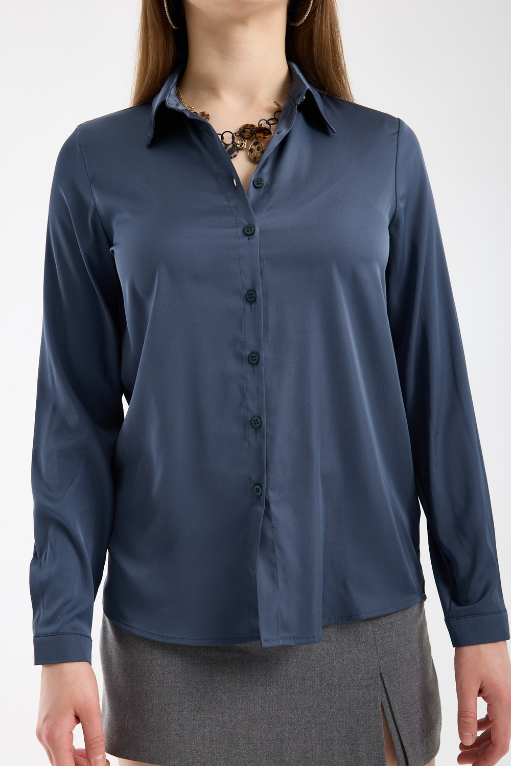 Wholesale Womens Royal Blue Satin Long-Sleeve Shirt