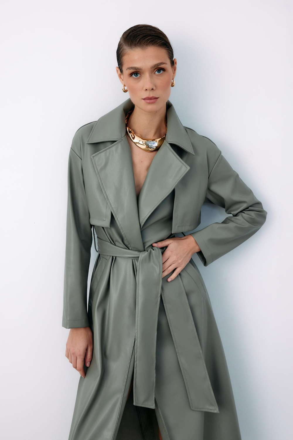 Wholesale Womens Sage Leather Trench Coat