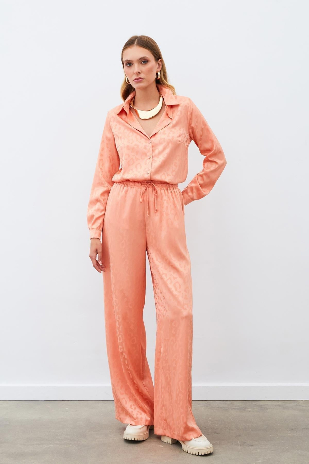 Wholesale Womens Salmon Patterned Trousers with Elastic Waist