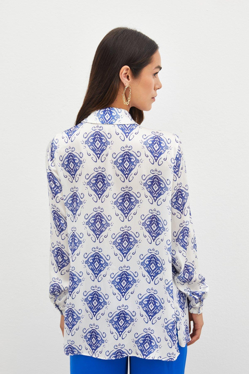 Wholesale Womens Sax Blue Loose-Fit Patterned Shirt
