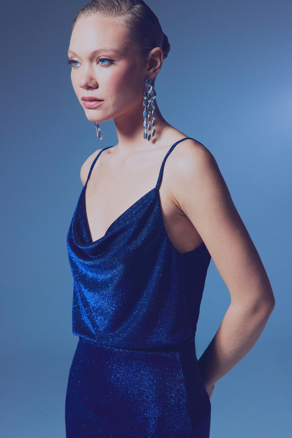 Wholesale Womens Sax Blue Lurex Cowl-Neck Camisole Blouse