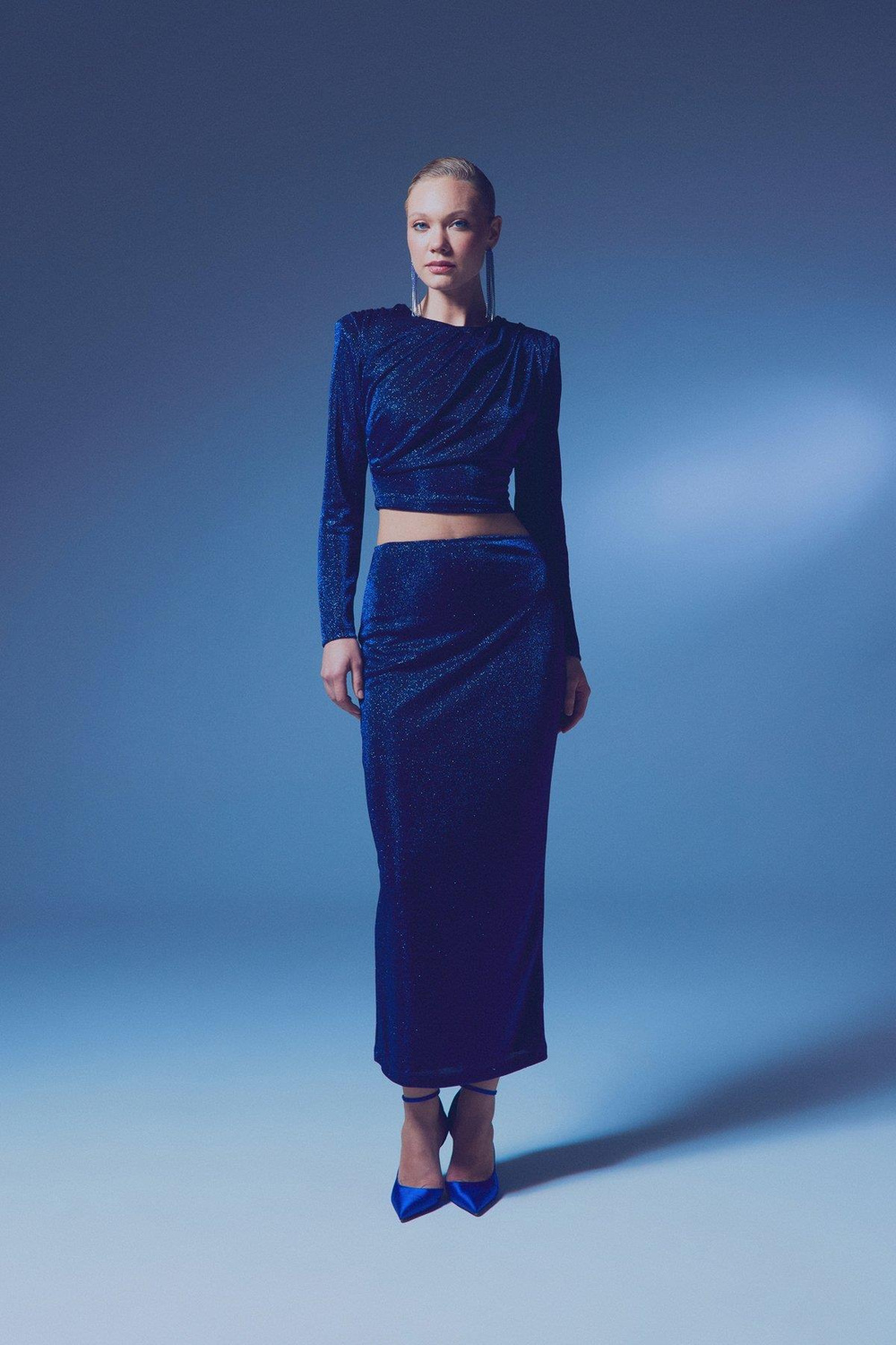 Wholesale Womens Sax Blue Lurex Maxi Skirt