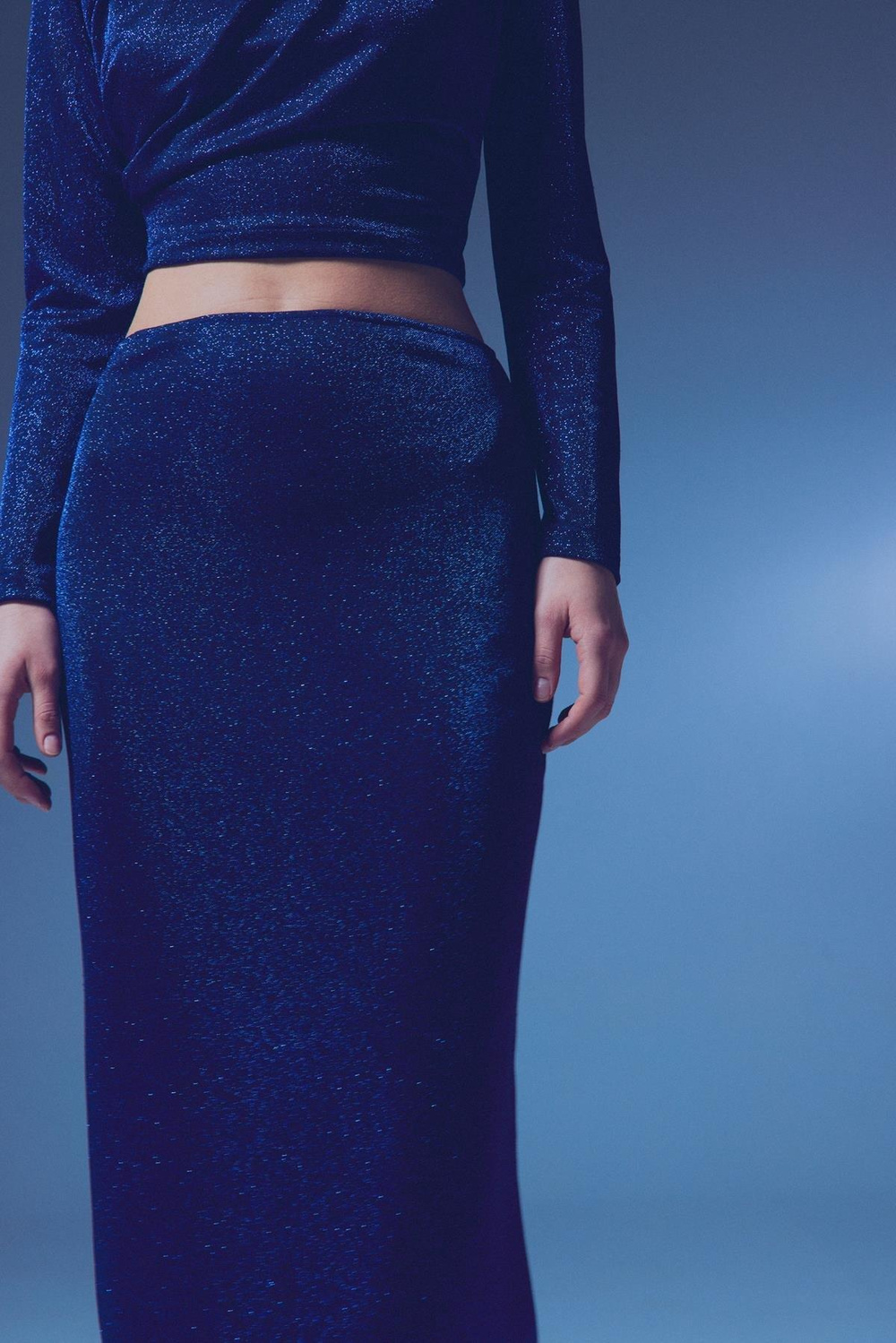 Wholesale Womens Sax Blue Lurex Maxi Skirt