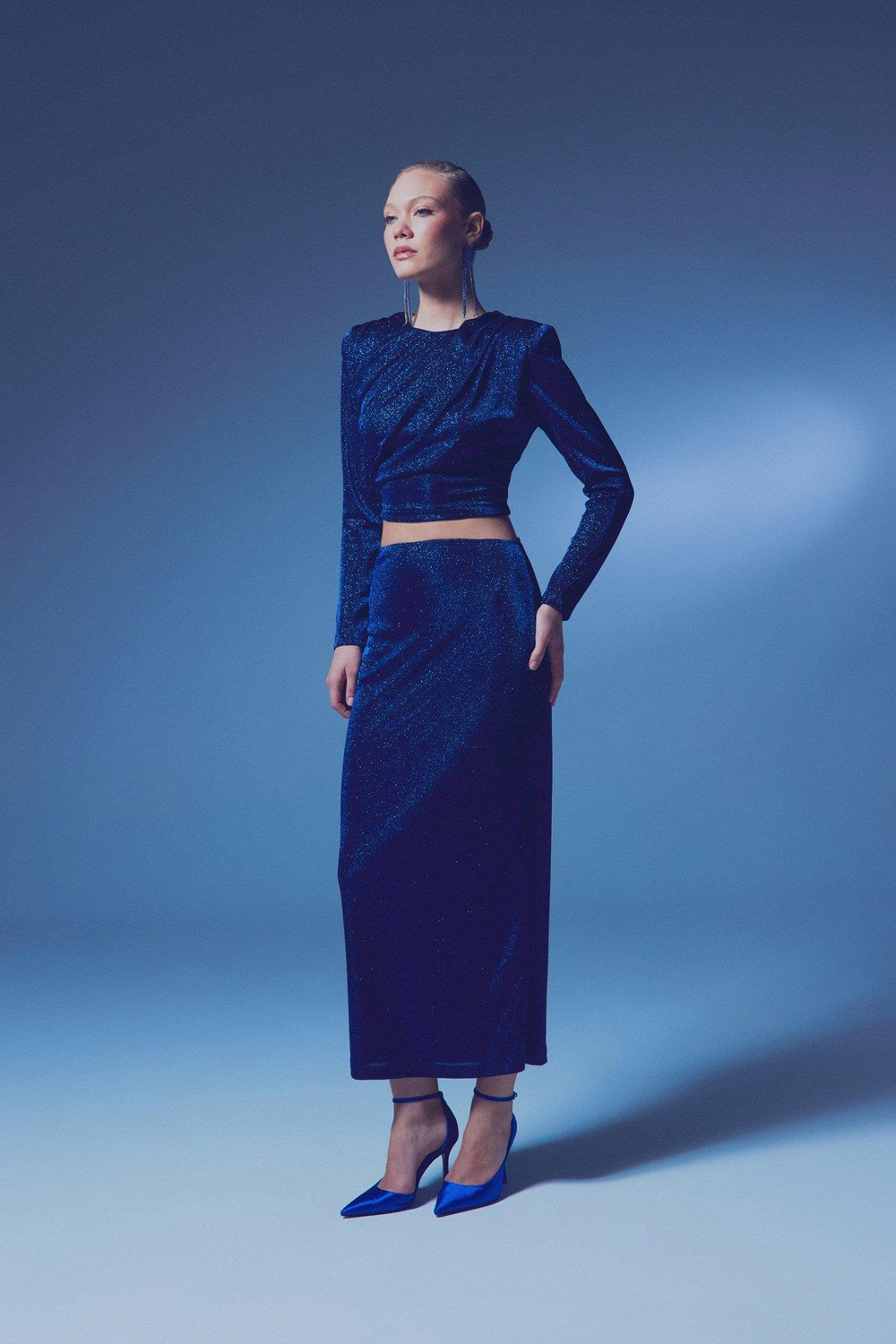 Wholesale Womens Sax Blue Lurex Maxi Skirt