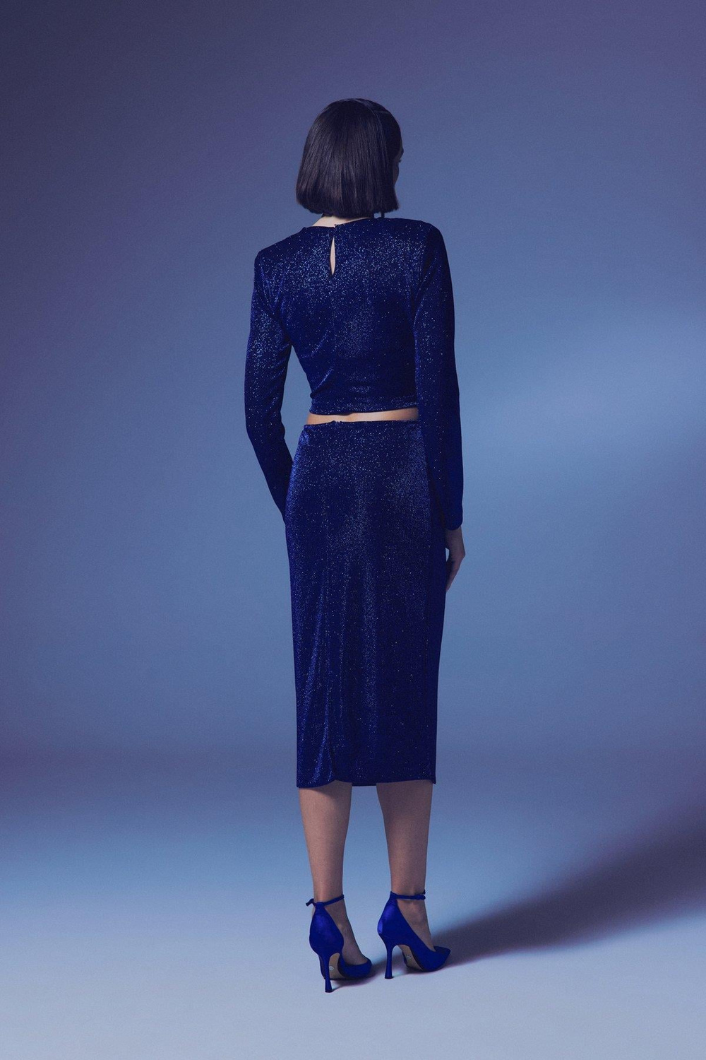 Wholesale Womens Sax Blue Lurex Midi Pencil Skirt