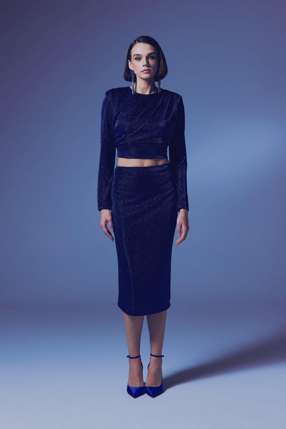 Wholesale Womens Sax Blue Lurex Midi Pencil Skirt
