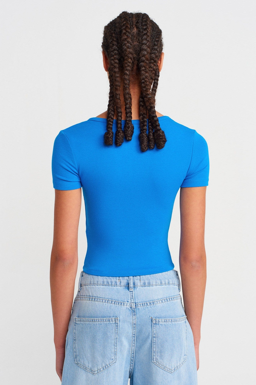 Wholesale Womens Sax Blue Modal-Cotton Snap-Button Cropped Tee