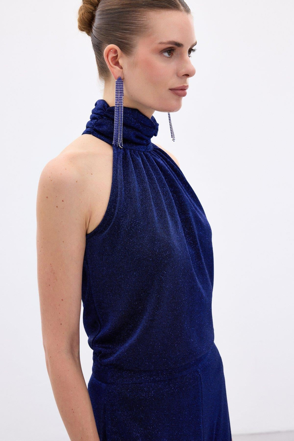 Wholesale Womens Sax Blue Sleeveless Mock-Neck Lurex Blouse