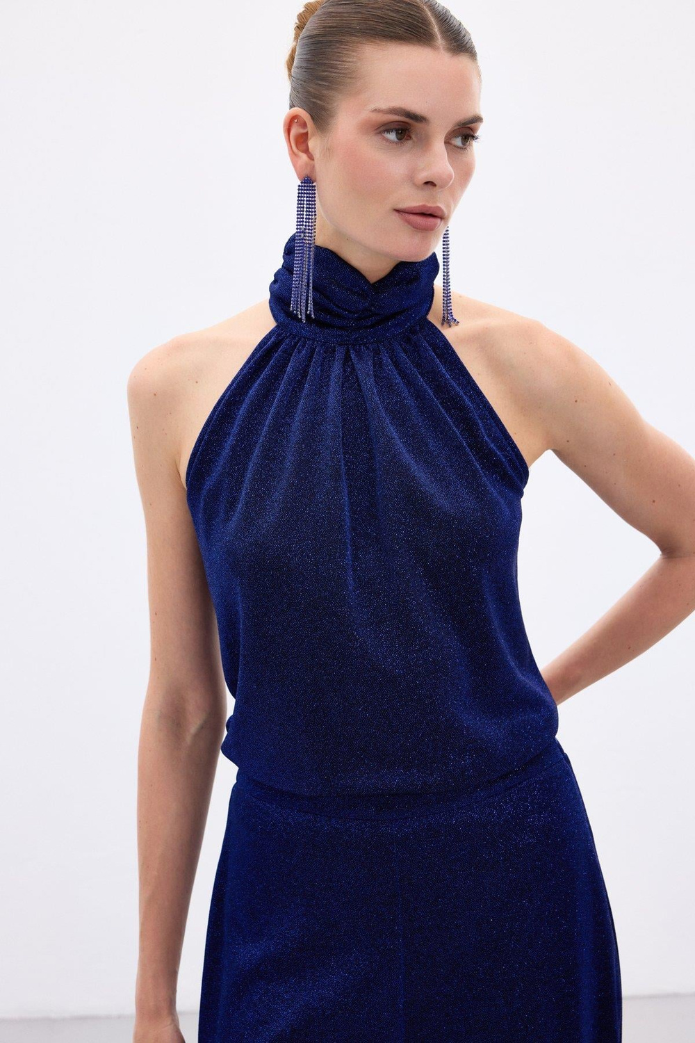 Wholesale Womens Sax Blue Sleeveless Mock-Neck Lurex Blouse