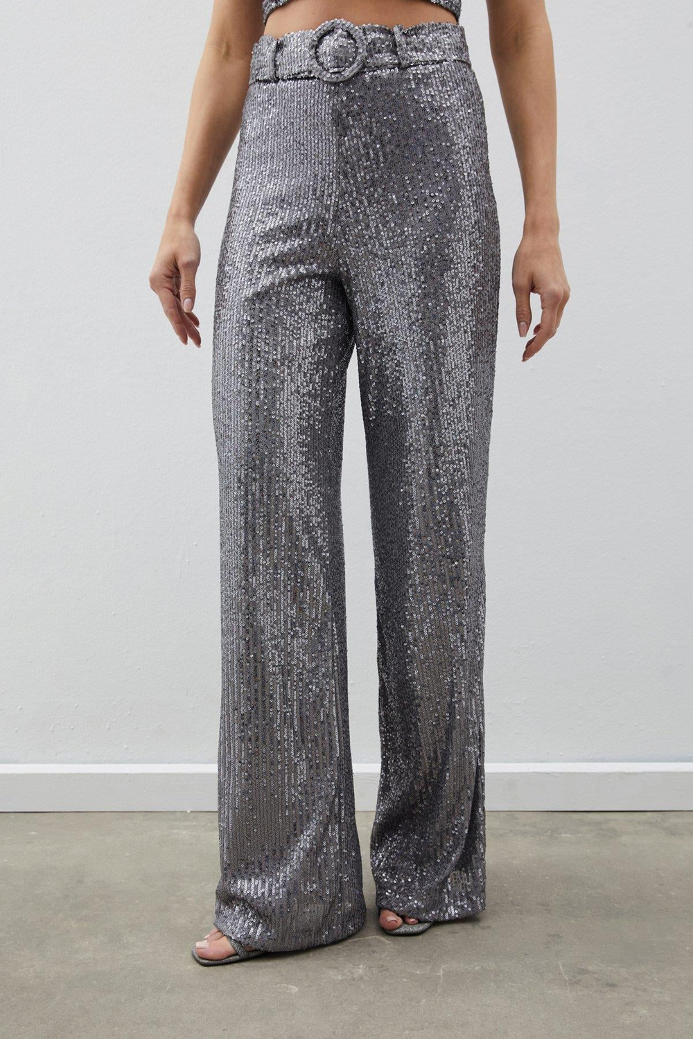 Wholesale Womens Silver Sequined Trousers with Belt