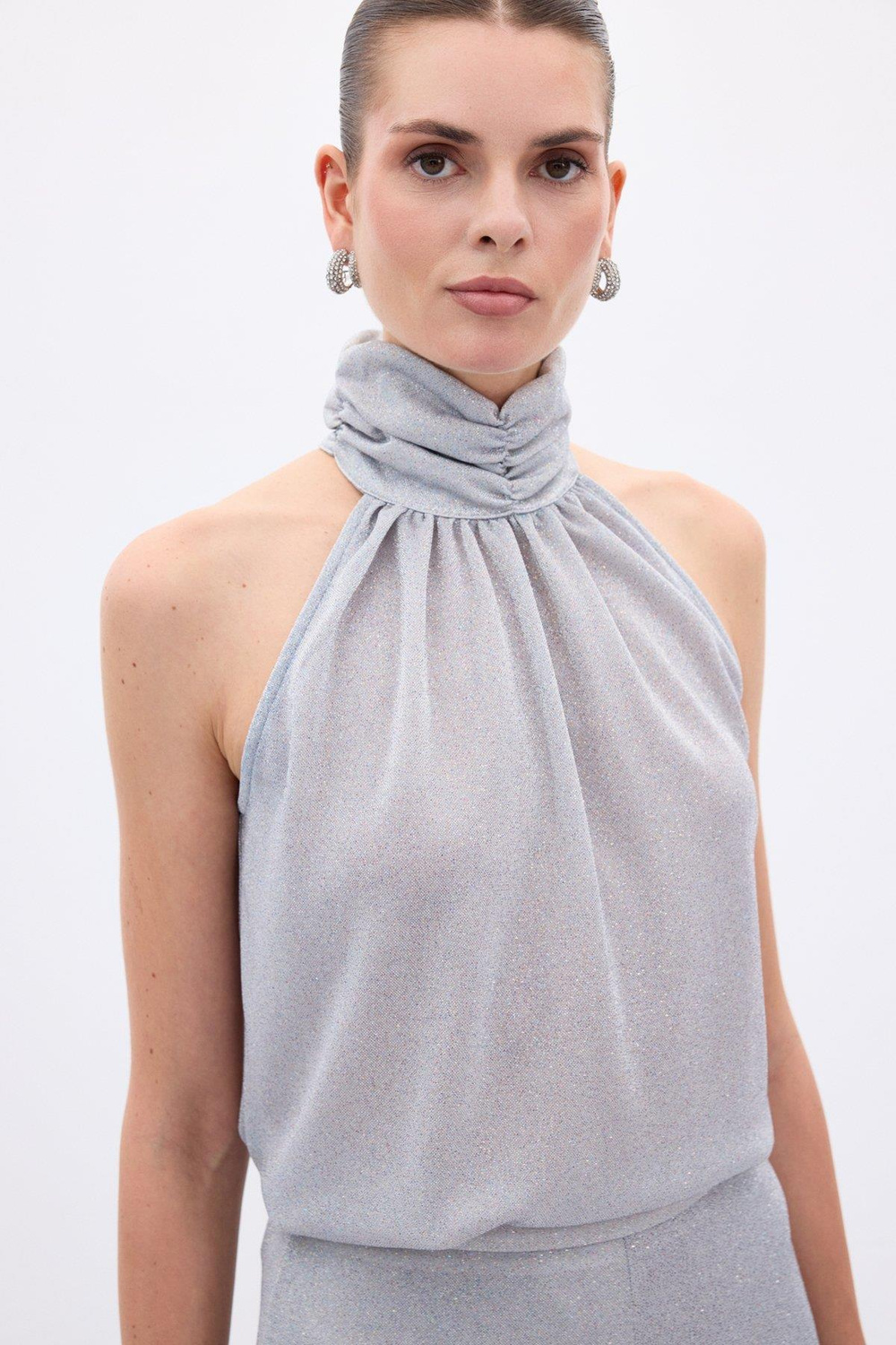 Wholesale Womens Silver Sleeveless Mock-Neck Lurex Blouse