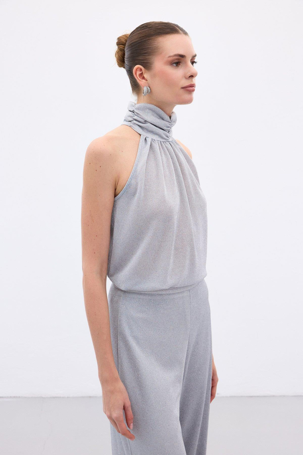 Wholesale Womens Silver Sleeveless Mock-Neck Lurex Blouse