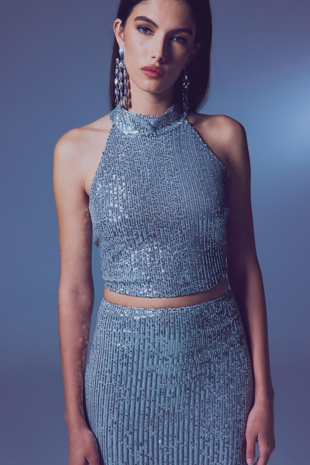 Wholesale Womens Silver Sleeveless Mock-Neck Sequined Blouse