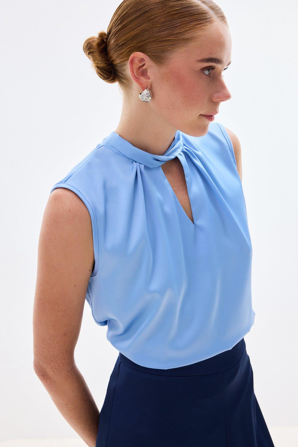 Wholesale Womens Sky Blue Sleeveless Mock-Neck Satin Blouse