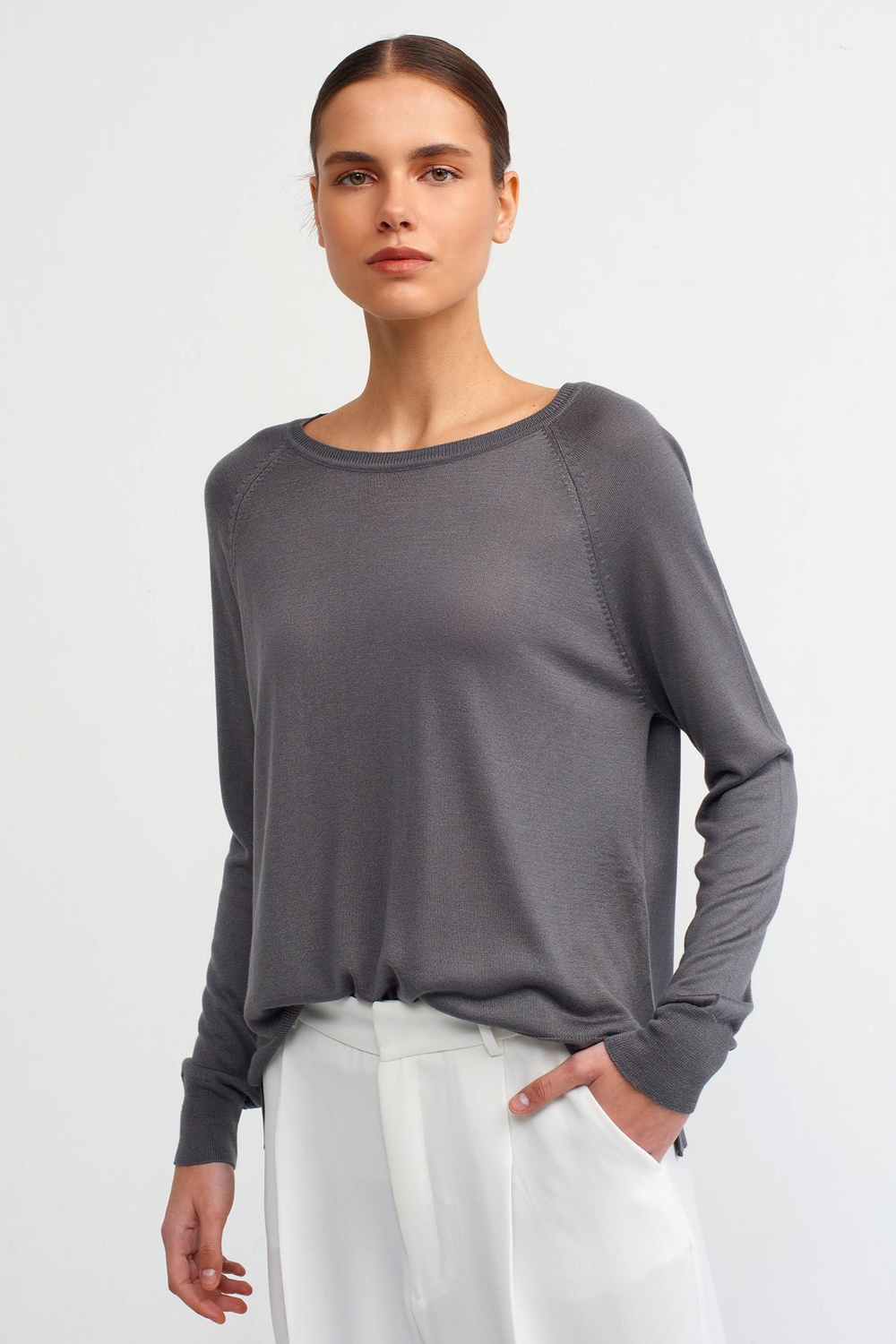 Wholesale Womens Smoke Gray Fine Knit Blouse with Raglan Sleeves and Side Slits