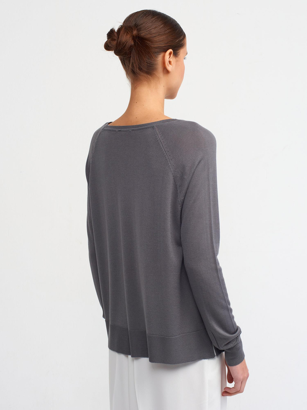 Wholesale Womens Smoke Gray Fine Knit Blouse with Raglan Sleeves and Side Slits