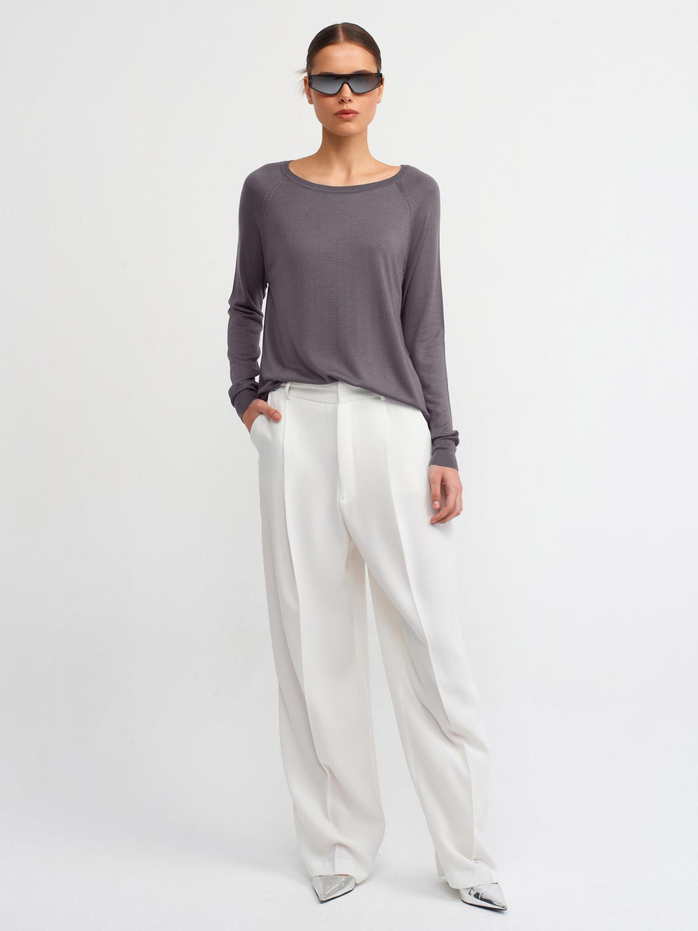 Wholesale Womens Smoke Gray Fine Knit Blouse with Raglan Sleeves and Side Slits