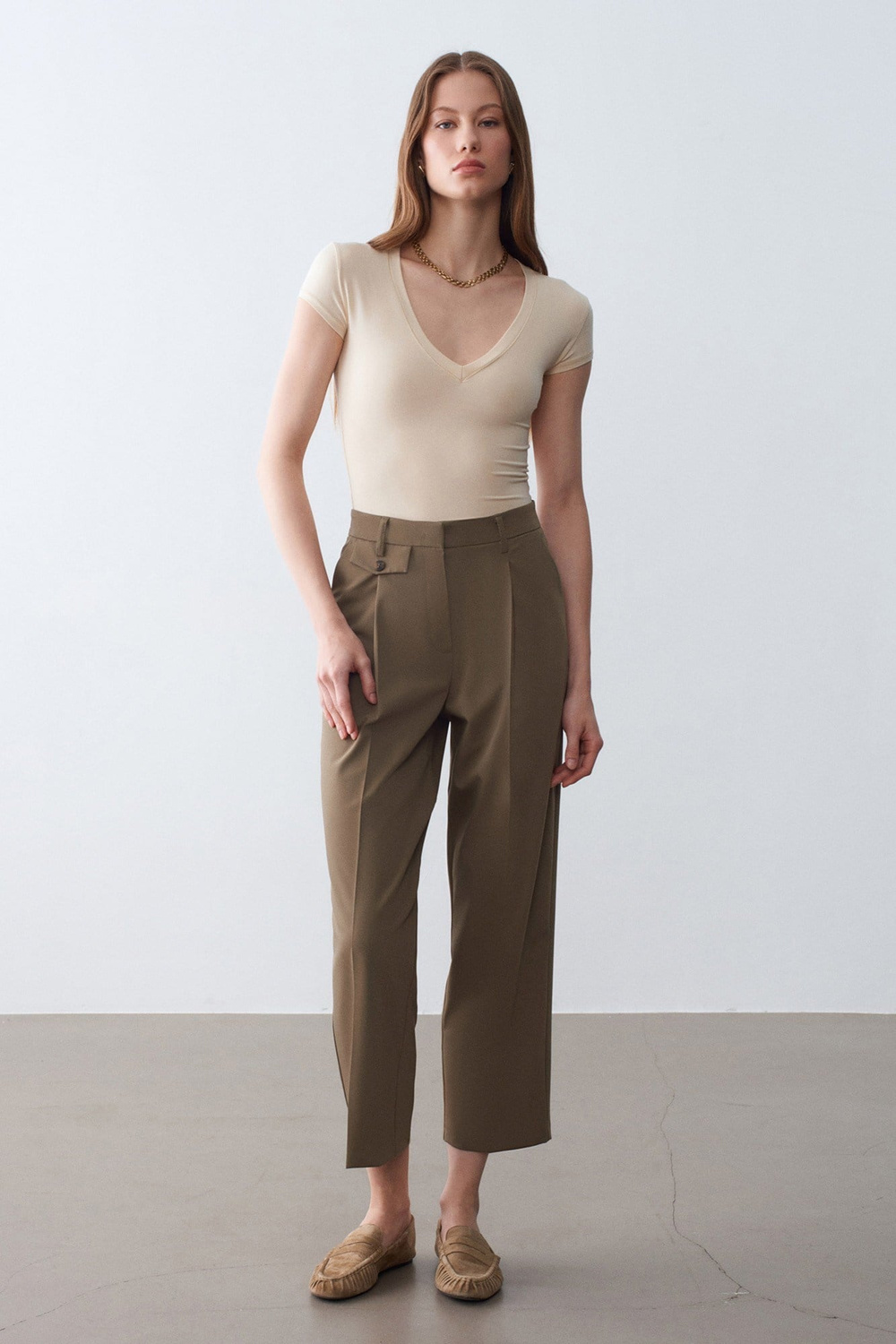 Wholesale Womens Stone Beige Supima Cotton V-Neck Tee